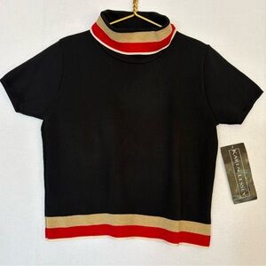Vintage-Inspired Black Knit Top with Metallic Gold & Red Stripe Trim Petite Med